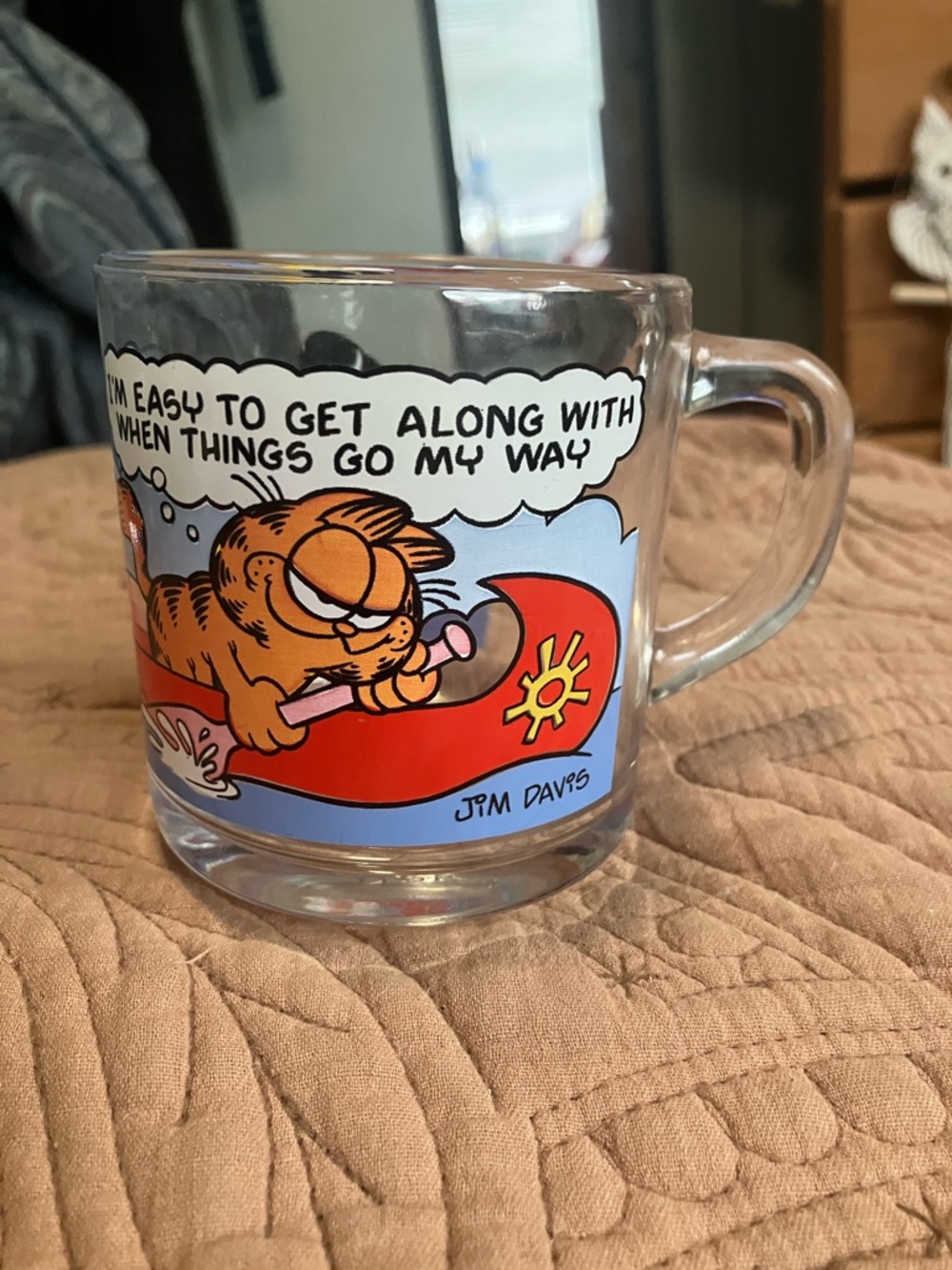 Vintage Garfield Jim Davis Glass Mug - Red & Blue Canoe Design